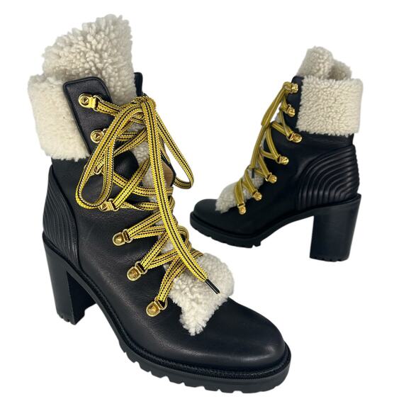 Christian Louboutin Black Calfskin Shearling Yetita 70 Combat Hiker Boots - Picture 3 of 16